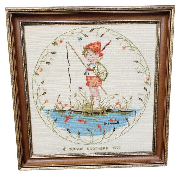 VTG MCM Crewel Needlework Embroidery FISHING BOY Framed Wall Hanging Picture